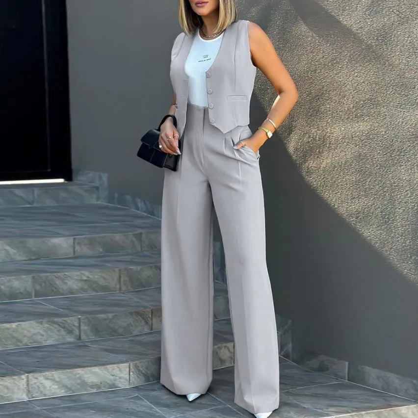 Women Vest And Wide-Leg Two-Piece Set