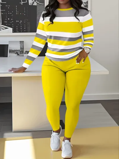 Women Casual Plus Size Stripe Long Sleeve Top And Pants Two-Piece Set