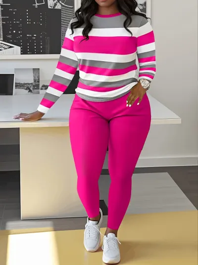 Women Casual Plus Size Stripe Long Sleeve Top And Pants Two-Piece Set