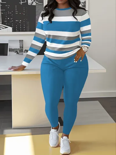 Women Casual Plus Size Stripe Long Sleeve Top And Pants Two-Piece Set