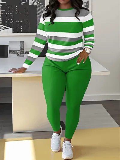 Women Casual Plus Size Stripe Long Sleeve Top And Pants Two-Piece Set