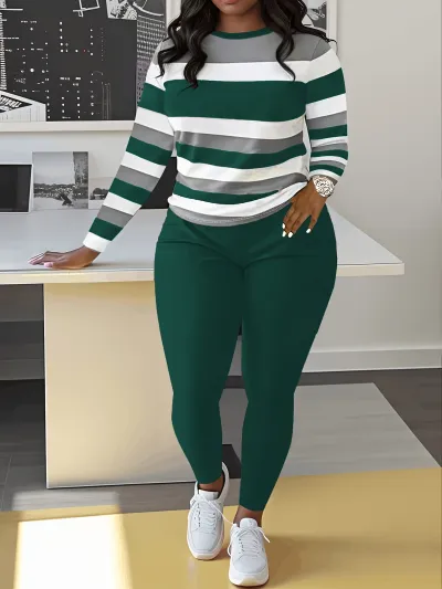 Women Casual Plus Size Stripe Long Sleeve Top And Pants Two-Piece Set