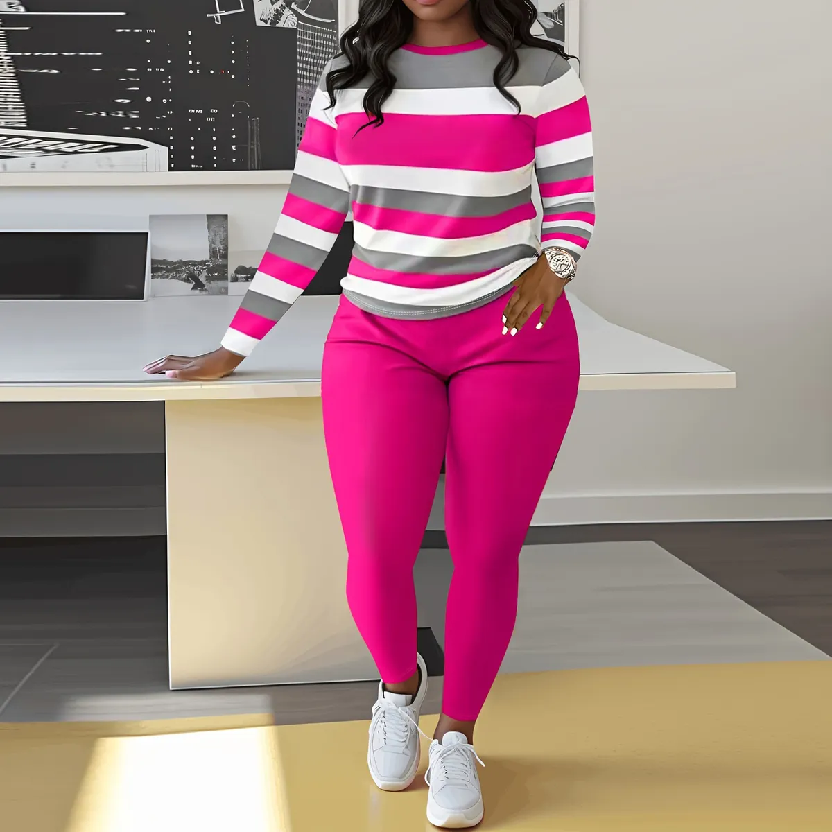 Women Casual Plus Size Stripe Long Sleeve Top And Pants Two-Piece Set