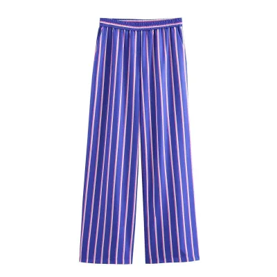 Women Casual Stripe Print Shirt And Pants Two-Piece Set