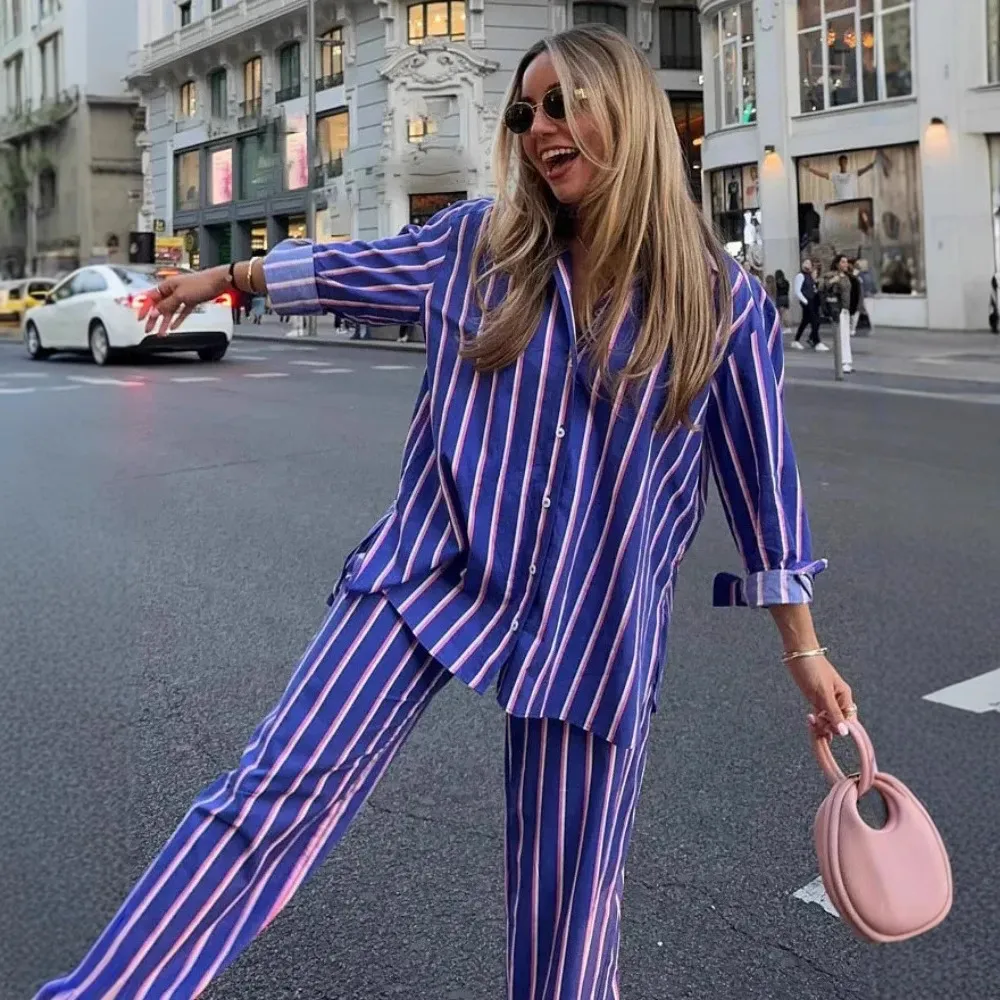 Women Casual Stripe Print Shirt And Pants Two-Piece Set