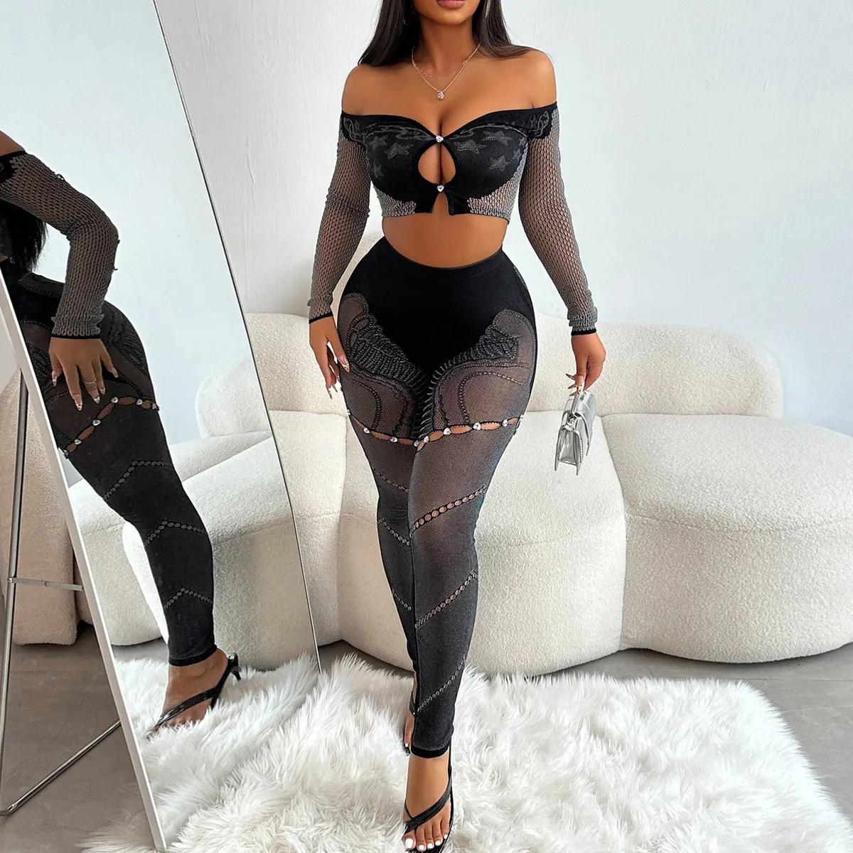 Women Sexy Mesh Shoulder Long Sleeve Top And Pants Two-Piece Set