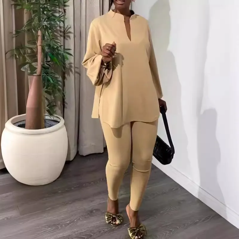 Women Casual Solid Color Long Sleeve Shirt And Pants Two-Piece Set