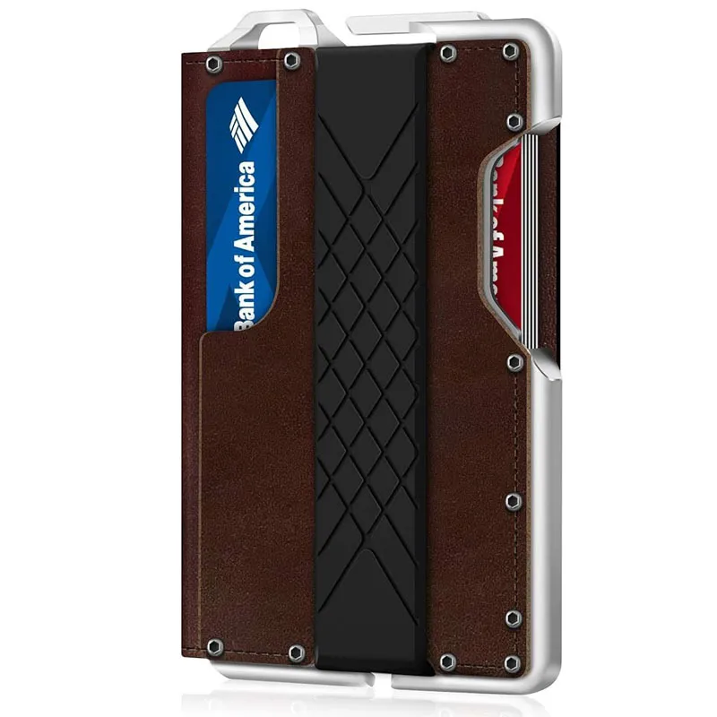 Men's Fashion Casual Genuine Leather Metal Anti-Magnetic Automatic Shot Card Wallet