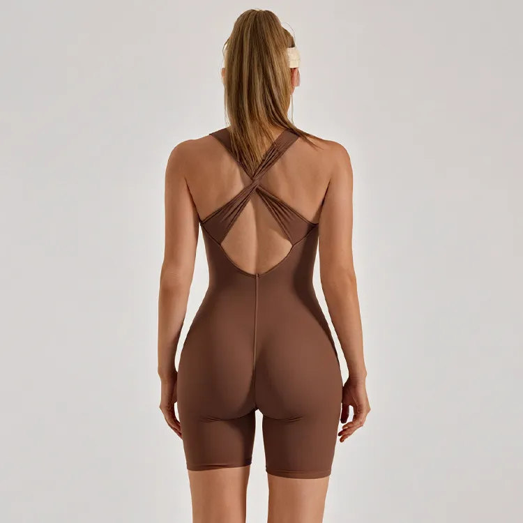 Women Fashion Sexy Solid Color Sleeveless Cross-Backless Sports Yoga Rompers