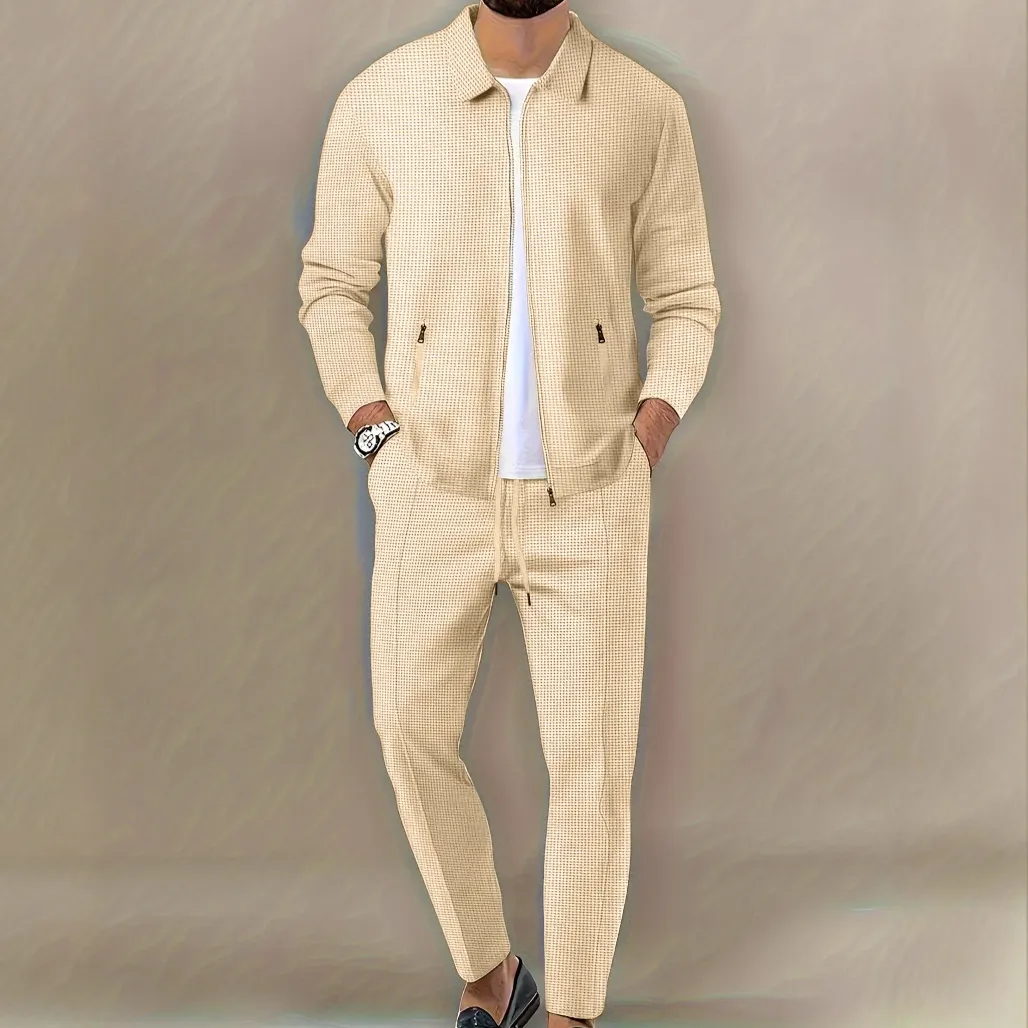 Men's Fashion Casual Solid Waffles Zipper Long Sleeve Jacket Slim Fit Pants Two-Piece Set