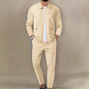 Men's Fashion Casual Solid Waffles Zipper Long Sleeve Jacket Slim Fit Pants Two-Piece Set