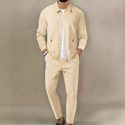 Men's Fashion Casual Solid Waffles Zipper Long Sleeve Jacket Slim Fit Pants Two-Piece Set
