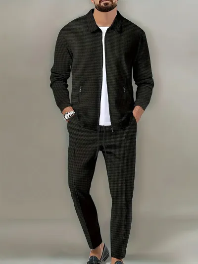 Men's Fashion Casual Solid Waffles Zipper Long Sleeve Jacket Slim Fit Pants Two-Piece Set
