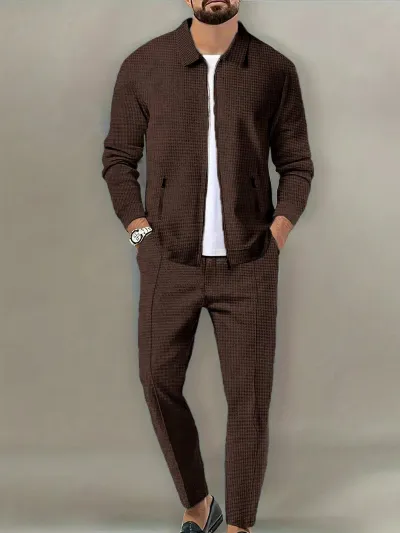 Men's Fashion Casual Solid Waffles Zipper Long Sleeve Jacket Slim Fit Pants Two-Piece Set