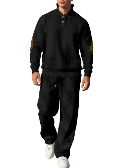 Men's Fashion Casual Solid Color Jacquard Lapel Long-Sleeve Top Loose Pants Two-Piece Set
