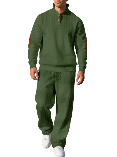 Men's Fashion Casual Solid Color Jacquard Lapel Long-Sleeve Top Loose Pants Two-Piece Set