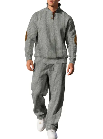 Men's Fashion Casual Solid Color Jacquard Lapel Long-Sleeve Top Loose Pants Two-Piece Set