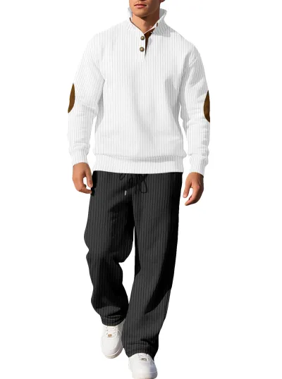 Men's Fashion Casual Solid Color Jacquard Lapel Long-Sleeve Top Loose Pants Two-Piece Set
