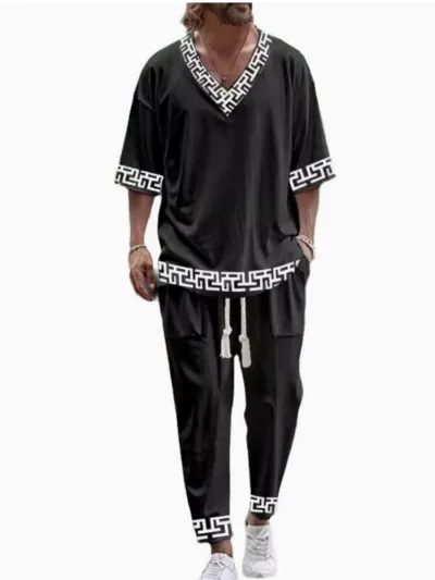 Men's Fashion 3D Digital Print Casual Loose Half Sleeve V-Neck T-Shirt Pants Two-Piece Set