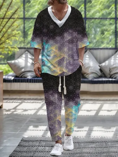 Men's Fashion 3D Digital Print Casual Loose Half Sleeve V-Neck T-Shirt Pants Two-Piece Set