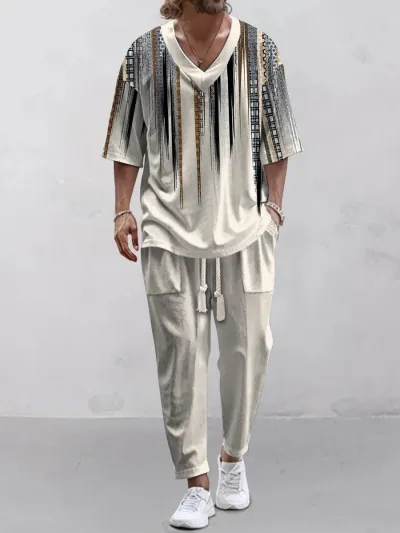 Men's Fashion 3D Digital Print Casual Loose Half Sleeve V-Neck T-Shirt Pants Two-Piece Set