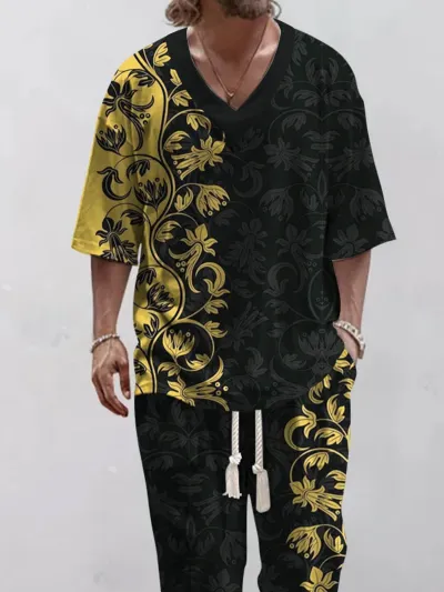 Men's Fashion 3D Digital Print Casual Loose Half Sleeve V-Neck T-Shirt Pants Two-Piece Set