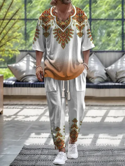 Men's Fashion 3D Digital Print Casual Loose Half Sleeve V-Neck T-Shirt Pants Two-Piece Set