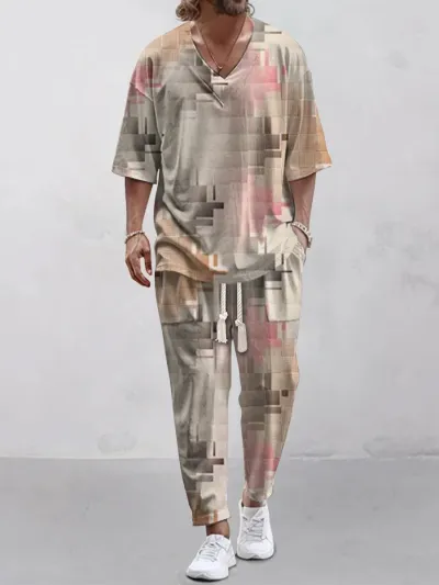 Men's Fashion 3D Digital Print Casual Loose Half Sleeve V-Neck T-Shirt Pants Two-Piece Set