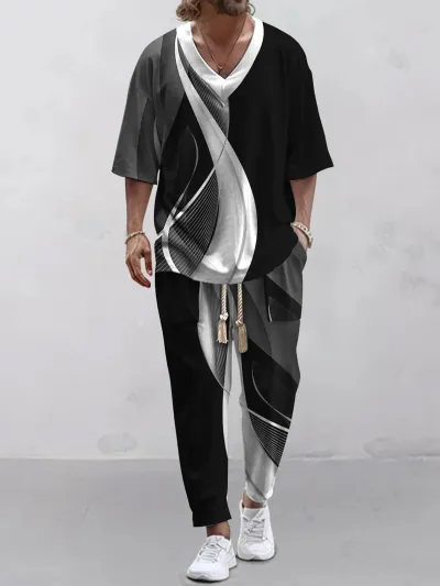 Men's Fashion 3D Digital Print Casual Loose Half Sleeve V-Neck T-Shirt Pants Two-Piece Set