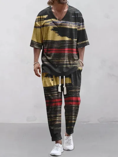 Men's Fashion 3D Digital Print Casual Loose Half Sleeve V-Neck T-Shirt Pants Two-Piece Set