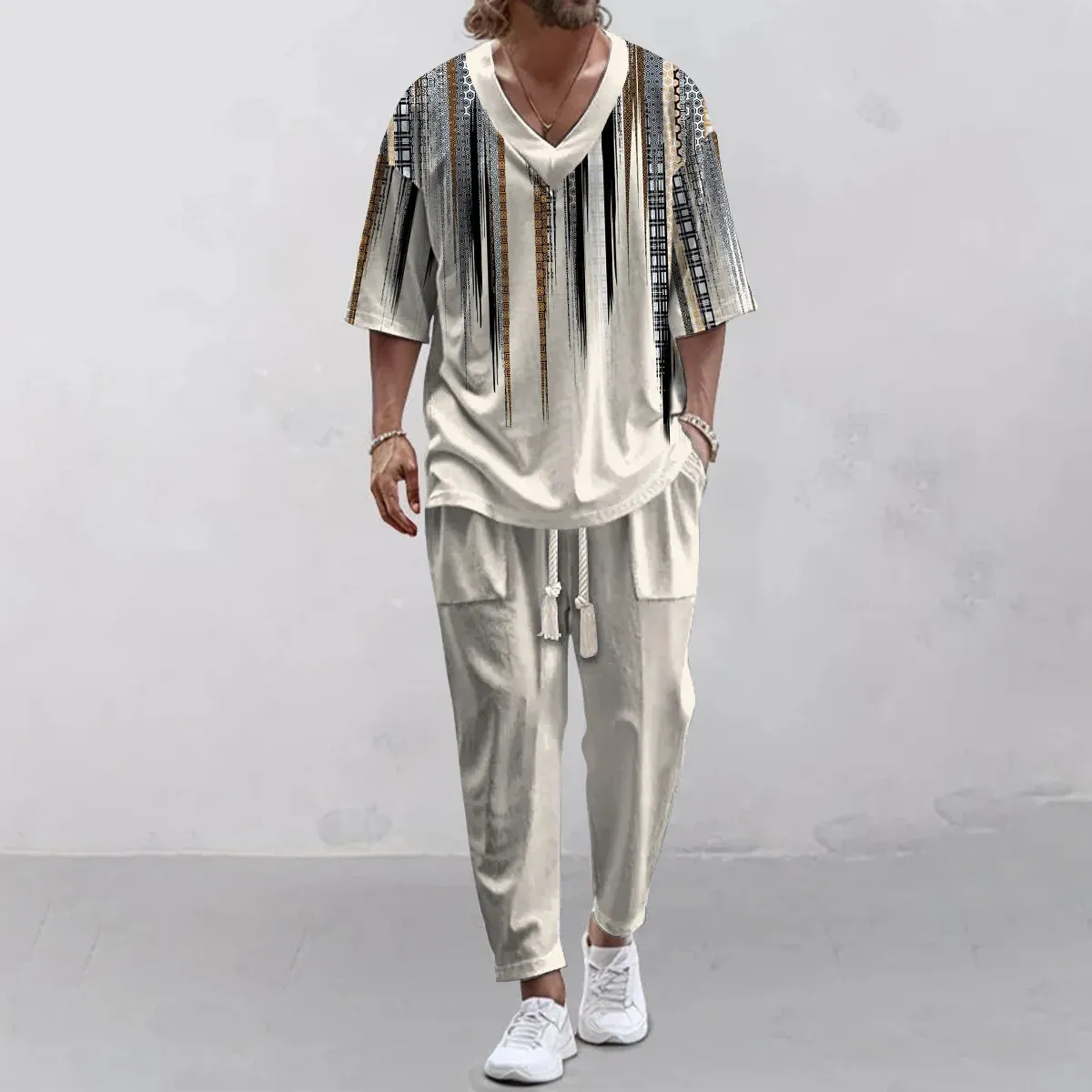 Men's Fashion 3D Digital Print Casual Loose Half Sleeve V-Neck T-Shirt Pants Two-Piece Set