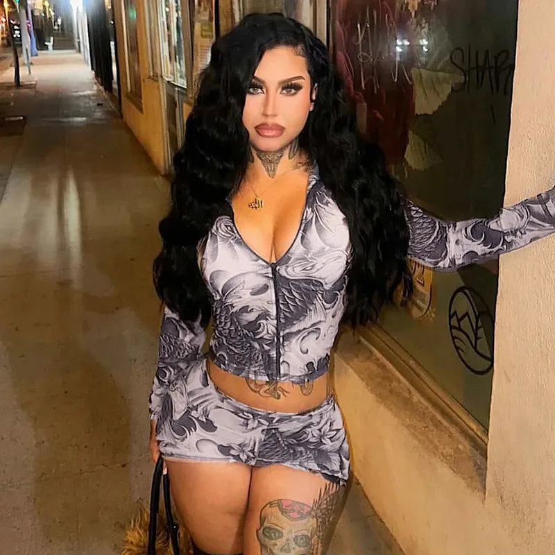 Women Fashion Sexy Printed Perspective Long-Sleeve Zipper Top Tight Shorts Two-Piece Set