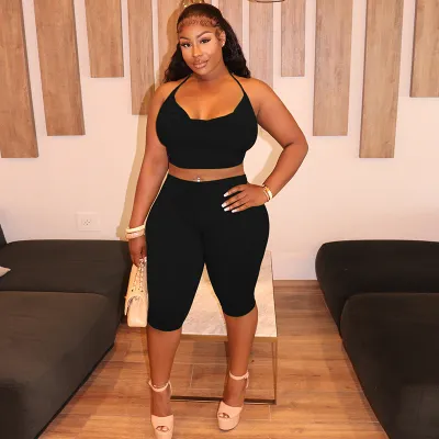 Women Sexy Solid Color Halter-Neck Crop Top Tight Shorts Two-Piece Set