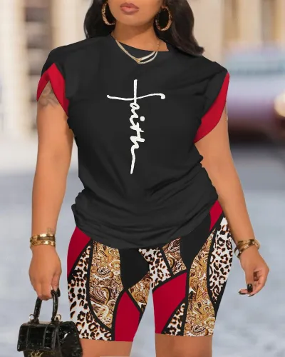 Women Fashion Casual Digital Print Round Neck Short Sleeve T-Shirt Tight Shorts Two-Piece Set