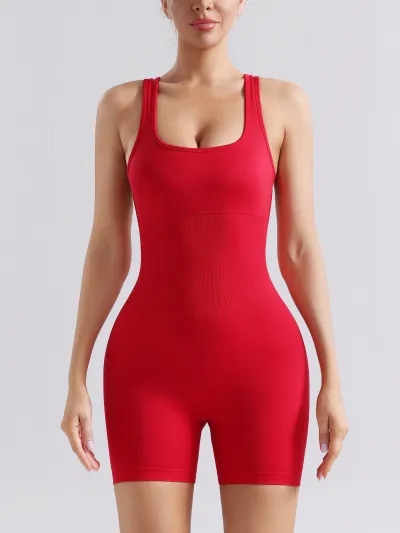 Women Casual Solid Color Seamless Sleeveless Cross Backless Yoga Rompers with Removable Chest Pad