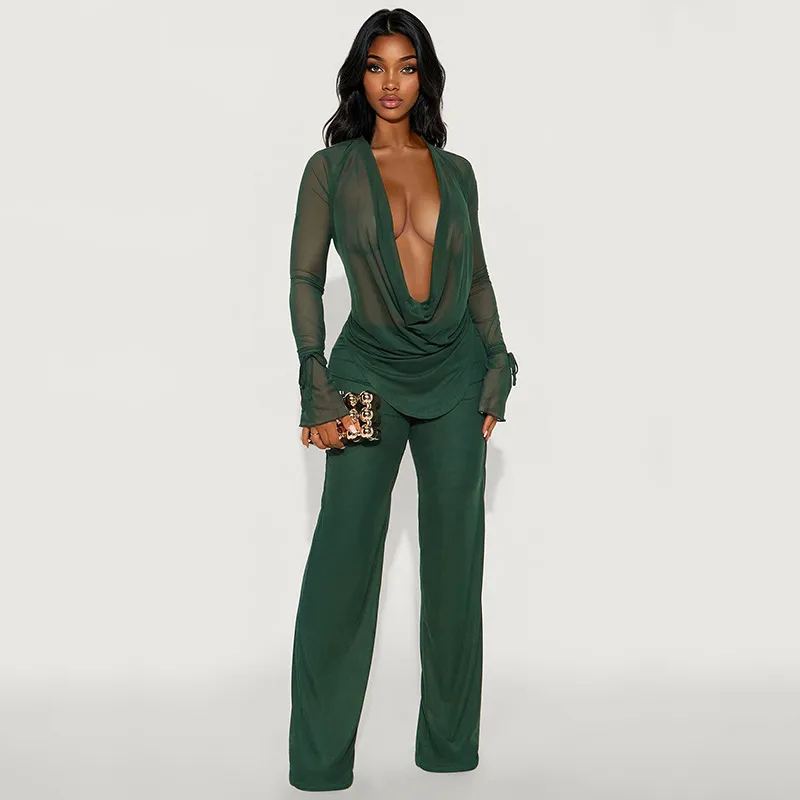 Women Fashion Sexy Solid Color Mesh Perspective Deep V-Folded Long-Sleeve Cuff Top Flared Pants Two-Piece Set