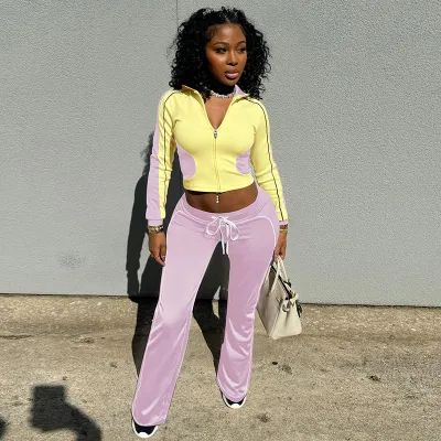 Women Casual Color Block Zipper Long-Sleeve Crop Top Drawstring Pants Two-Piece Set