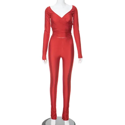 Women Fashion Sexy Solid Color Crossover V-Neck Long-Sleeve Top Tight Pants Two-Piece Set