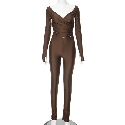 Women Fashion Sexy Solid Color Crossover V-Neck Long-Sleeve Top Tight Pants Two-Piece Set