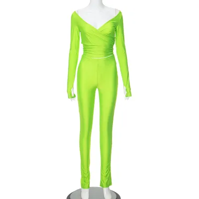 Women Fashion Sexy Solid Color Crossover V-Neck Long-Sleeve Top Tight Pants Two-Piece Set
