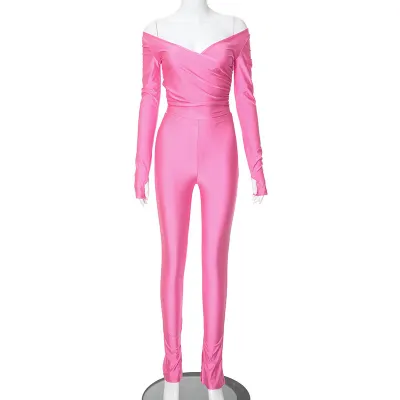 Women Fashion Sexy Solid Color Crossover V-Neck Long-Sleeve Top Tight Pants Two-Piece Set