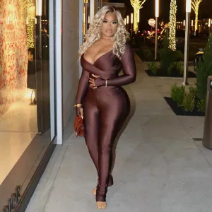 Women Fashion Sexy Solid Color Crossover V-Neck Long-Sleeve Top Tight Pants Two-Piece Set