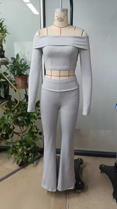 Women Fashion Sexy Solid Color Off-Shoulder Long-Sleeve Crop Top Wide Leg Pants Two-Piece Set