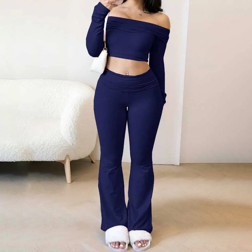 Women Fashion Sexy Solid Color Off-Shoulder Long-Sleeve Crop Top Wide Leg Pants Two-Piece Set