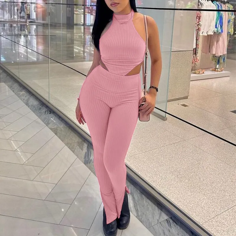 Women Sexy Halter-Neck Sleeveless Top Slim Fit Pants Two-Piece Set