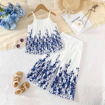 Kids Girls Fashion Sweet Printed Pleated Camisole Loose Pants Two-Piece Set