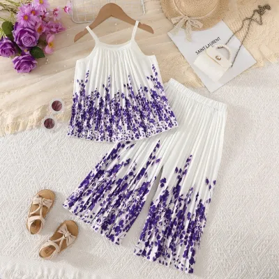 Kids Girls Fashion Sweet Printed Pleated Camisole Loose Pants Two-Piece Set