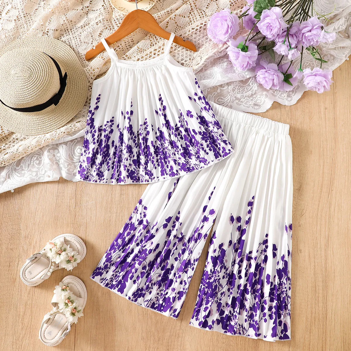 Kids Girls Fashion Sweet Printed Pleated Camisole Loose Pants Two-Piece Set