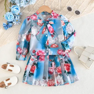 Kids Girls Fashion Casual Floral Lapel Long-Sleeve Shirt Pleated Skirt Two-Piece Set