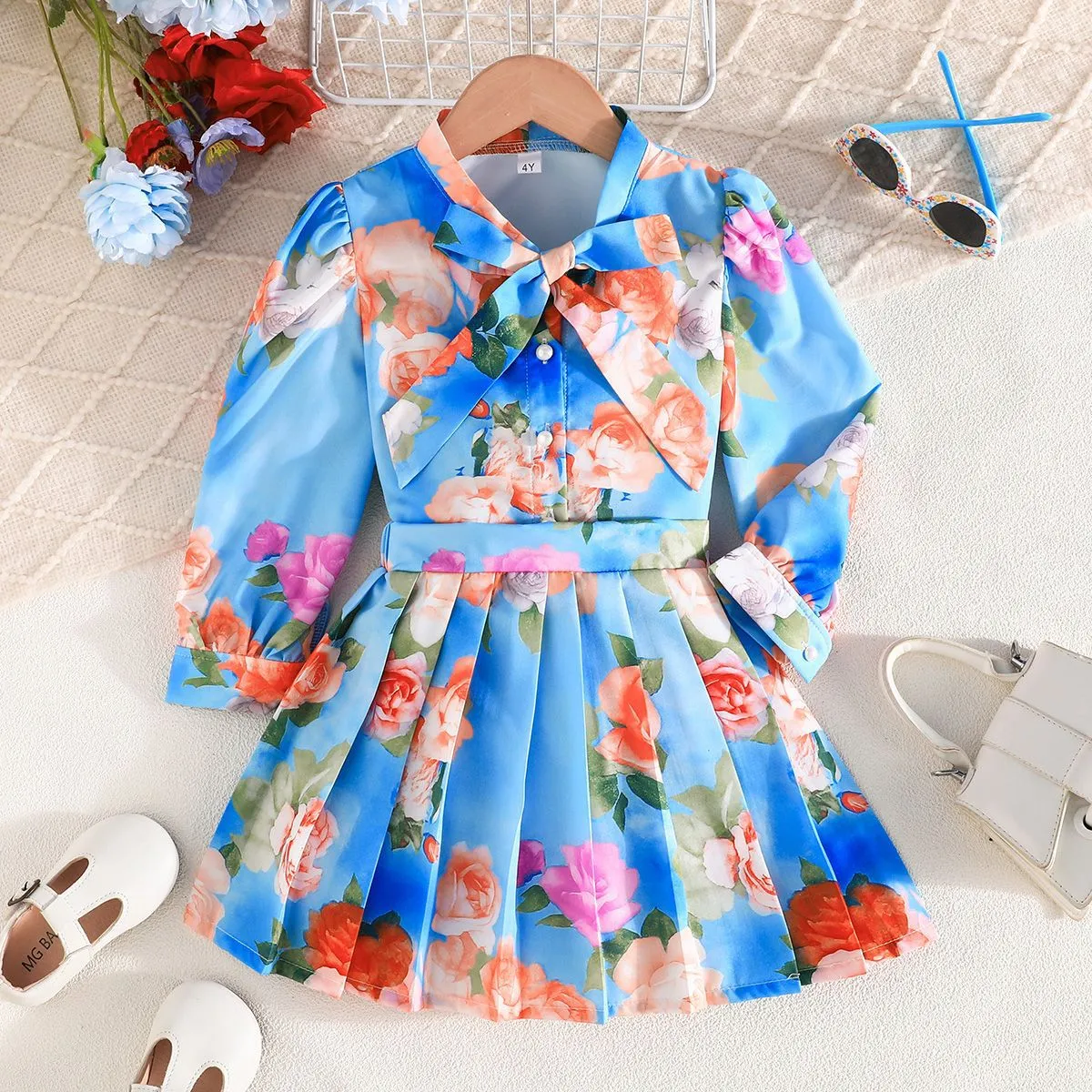 Kids Girls Fashion Casual Floral Lapel Long-Sleeve Shirt Pleated Skirt Two-Piece Set